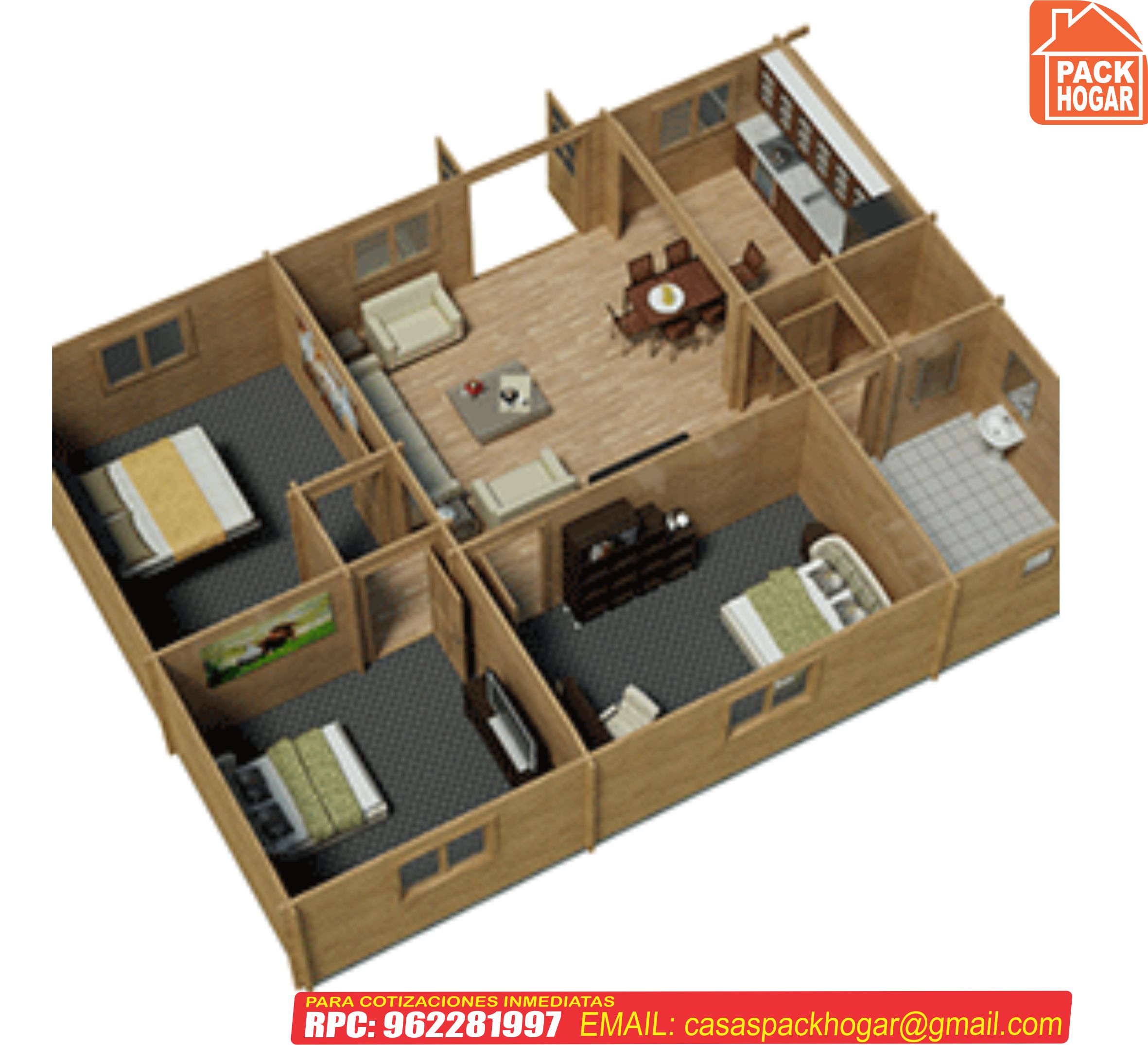 casas prefabricadas de madera 1112 x 812 de 3 dormitorio | PACKHOGAR