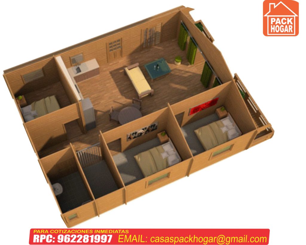 plano de casa madera con tres dormitorios 