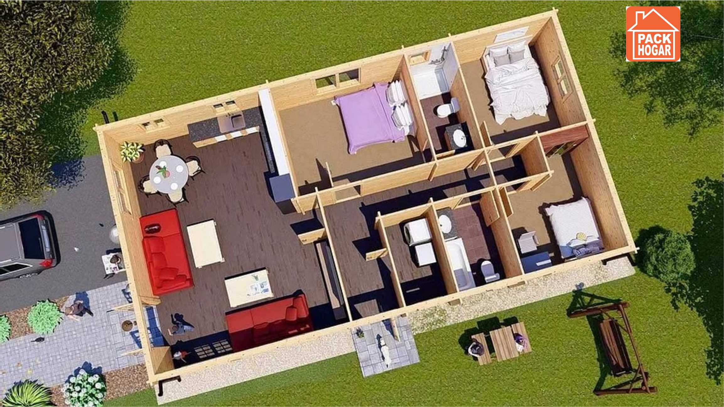 Plano de casas prefabricadas de madera con tres dormitorios