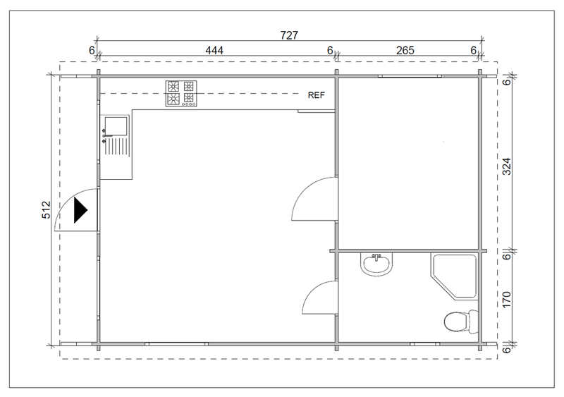 plano de casa prefabricada de madera de un dormitorio 