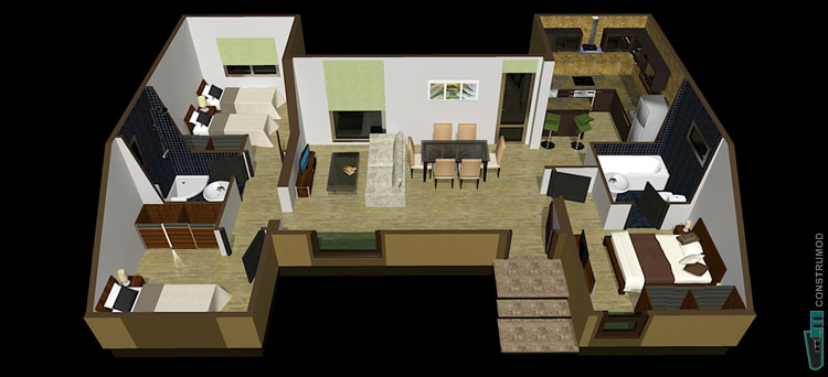plano de distribución para una casa con 3 dormitorios y sala comedor, cocina y 2 baños 72m2 